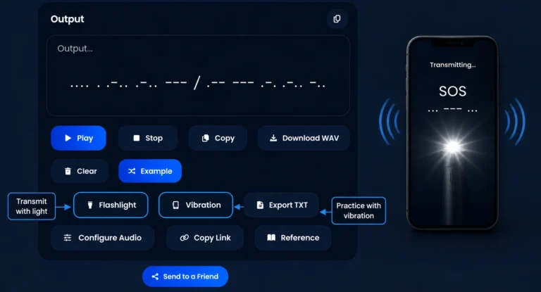 Morse code translator with Flashlight and Vibration options highlighted.