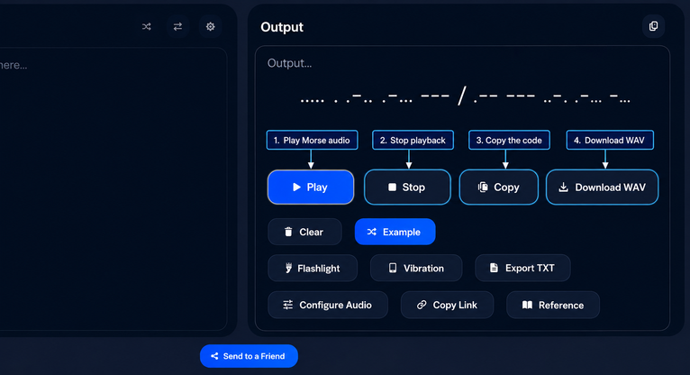 Morse code translator Play Stop Copy and Download WAV buttons