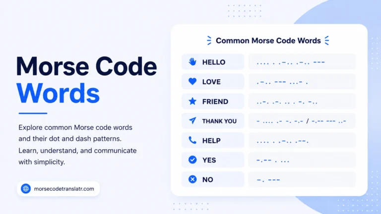 Morse code words Morse code words chart showing common words like Hello, Love, Friend, Thank You, Help, Yes, and No with their dot-and-dash representations.