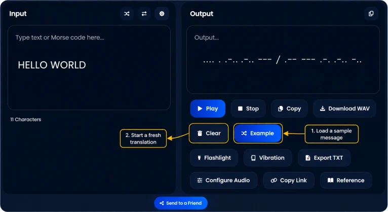 Morse code translator with Example and Clear buttons highlighted.