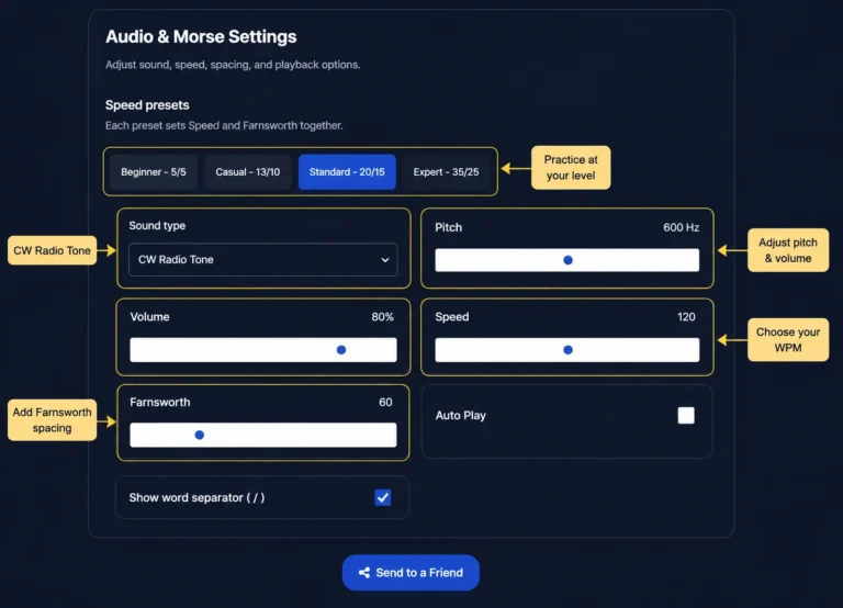 Morse Code Translator audio settings for speed, WPM, pitch, volume, and Farnsworth spacing