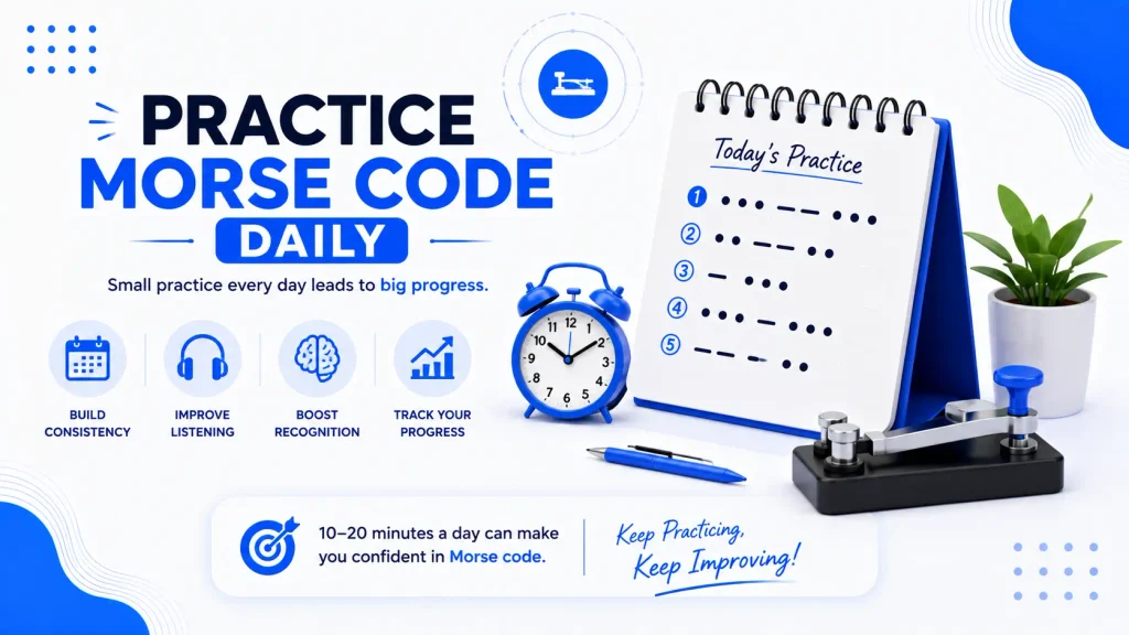 Practice Morse code daily with a Morse key, practice notebook, and daily learning routine.