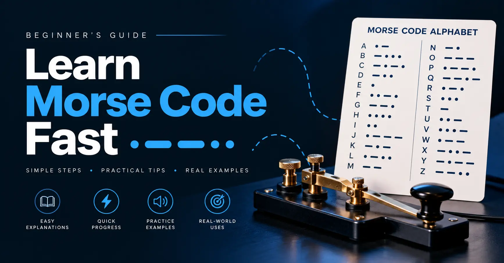 Learn Morse Code Fast beginner’s guide featuring a Morse code alphabet chart and telegraph key.